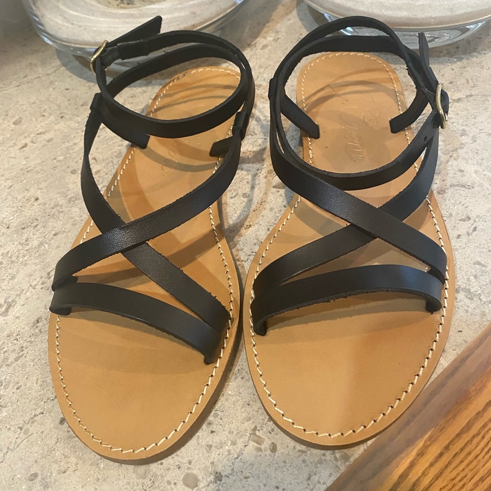 J. Crew Flat Strappy Sandals In Black Leather - Picture 3 of 14